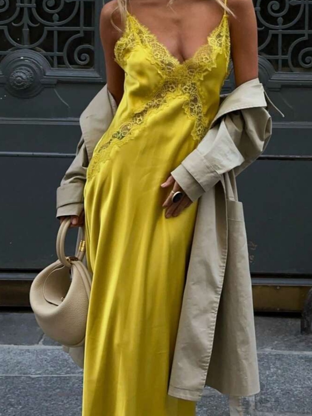 Satin Lace-Trim Maxi Slip Dress in Lemon Yellow